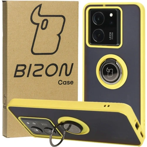 Etui z uchwytem na palec Bizon Case Hybrid Ring do Xiaomi 13T Pro / 13T przydymione z żółtą ramką