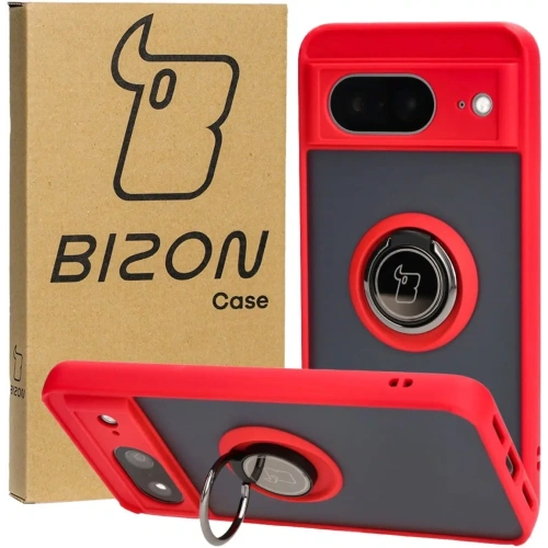 Etui z uchwytem na palec Bizon Case Hybrid Ring do Google Pixel 8 przydymione z czerwoną ramką