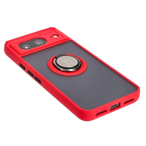 Etui z uchwytem na palec Bizon Case Hybrid Ring do Google Pixel 8 przydymione z czerwoną ramką