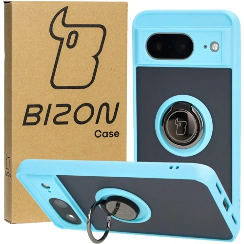 Etui z uchwytem na palec Bizon Case Hybrid Ring do Google Pixel 8 przydymione z jasnoniebieską ramką