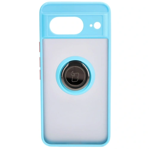 Etui z uchwytem na palec Bizon Case Hybrid Ring do Google Pixel 8 przydymione z jasnoniebieską ramką