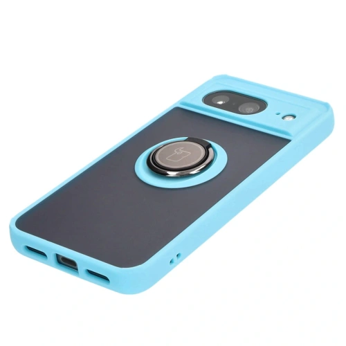 Etui z uchwytem na palec Bizon Case Hybrid Ring do Google Pixel 8 przydymione z jasnoniebieską ramką