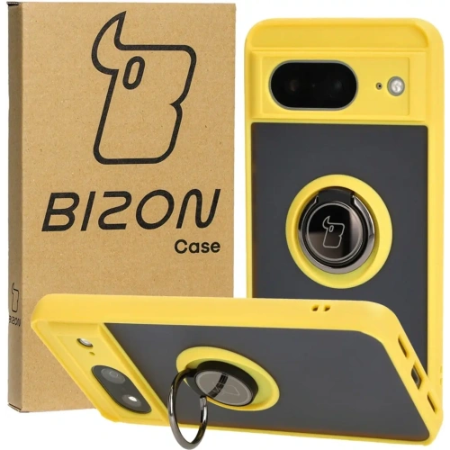 Etui z uchwytem na palec Bizon Case Hybrid Ring do Google Pixel 8 przydymione z żółtą ramką
