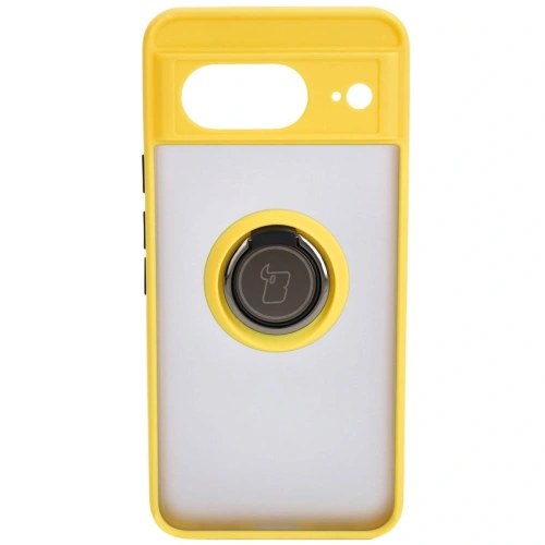 Etui z uchwytem na palec Bizon Case Hybrid Ring do Google Pixel 8 przydymione z żółtą ramką