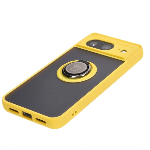 Etui z uchwytem na palec Bizon Case Hybrid Ring do Google Pixel 8 przydymione z żółtą ramką