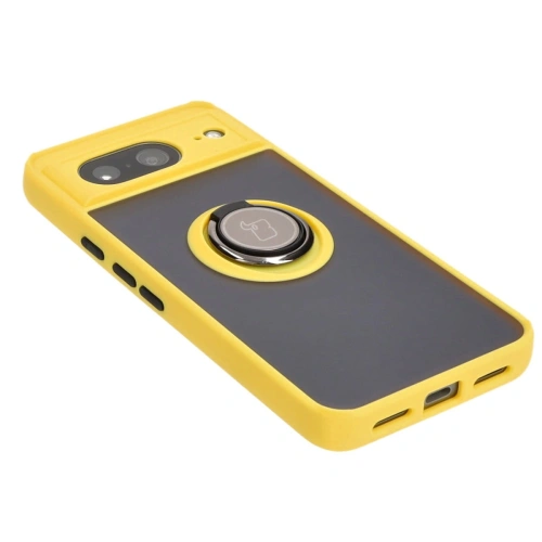 Etui z uchwytem na palec Bizon Case Hybrid Ring do Google Pixel 8 przydymione z żółtą ramką