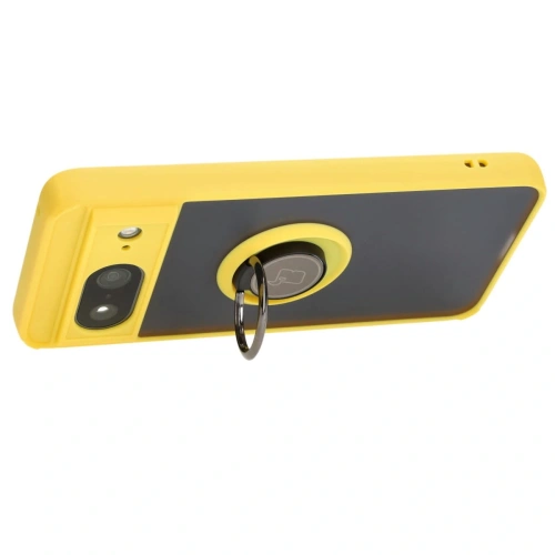 Etui z uchwytem na palec Bizon Case Hybrid Ring do Google Pixel 8 przydymione z żółtą ramką