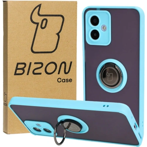 Etui z uchwytem na palec Bizon Case Hybrid Ring do Motorola Moto G14 przydymione z jasnoniebieską ramką