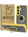 Etui z uchwytem na palec Bizon Case Hybrid Ring do Samsung Galaxy S24 Plus kouřové se žlutým rámečkem