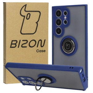 Etui z uchwytem na palec Bizon Case Hybrid Ring do Samsung Galaxy S24 Ultra przydymione z granatową ramką