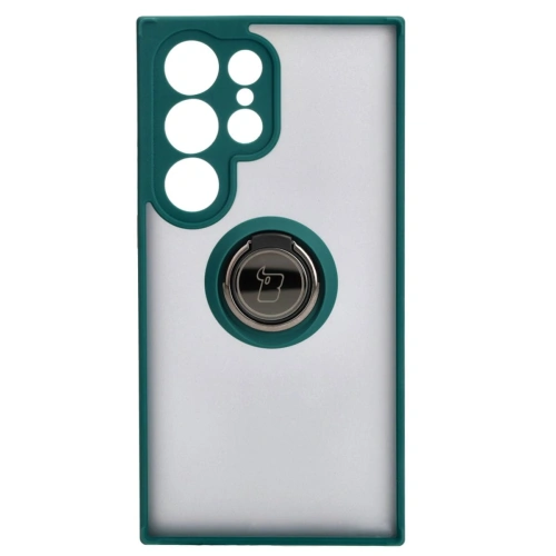 Etui z uchwytem na palec Bizon Case Hybrid Ring do Samsung Galaxy S24 Ultra przydymione z ciemnozieloną ramką