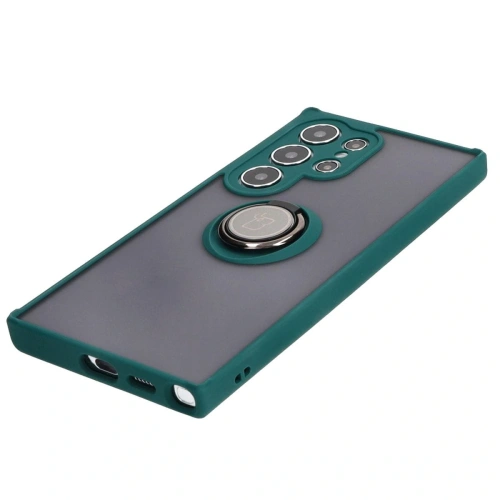 Etui z uchwytem na palec Bizon Case Hybrid Ring do Samsung Galaxy S24 Ultra przydymione z ciemnozieloną ramką
