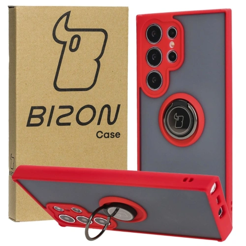 Etui z uchwytem na palec Bizon Case Hybrid Ring do Samsung Galaxy S24 Ultra przydymione z czerwoną ramką