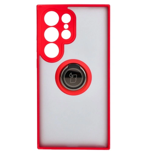Etui z uchwytem na palec Bizon Case Hybrid Ring do Samsung Galaxy S24 Ultra przydymione z czerwoną ramką