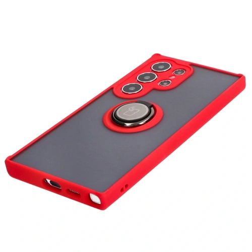 Etui z uchwytem na palec Bizon Case Hybrid Ring do Samsung Galaxy S24 Ultra przydymione z czerwoną ramką