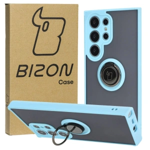 Etui z uchwytem na palec Bizon Case Hybrid Ring do Samsung Galaxy S24 Ultra przydymione z jasnoniebieską ramką