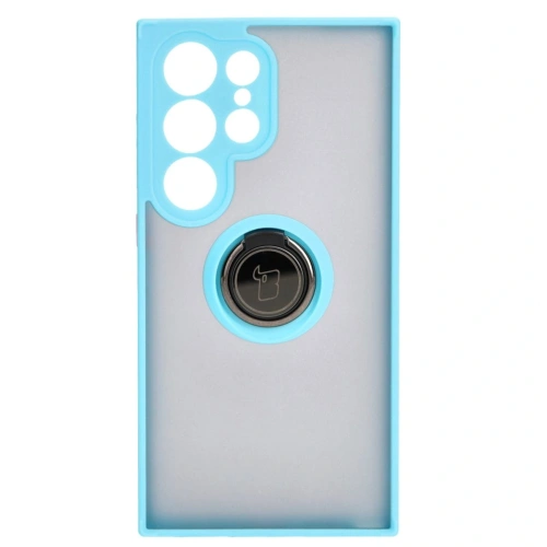 Etui z uchwytem na palec Bizon Case Hybrid Ring do Samsung Galaxy S24 Ultra przydymione z jasnoniebieską ramką