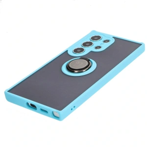 Etui z uchwytem na palec Bizon Case Hybrid Ring do Samsung Galaxy S24 Ultra przydymione z jasnoniebieską ramką