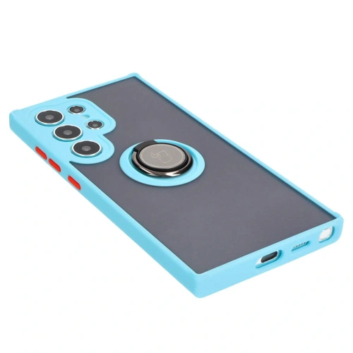 Etui z uchwytem na palec Bizon Case Hybrid Ring do Samsung Galaxy S24 Ultra przydymione z jasnoniebieską ramką
