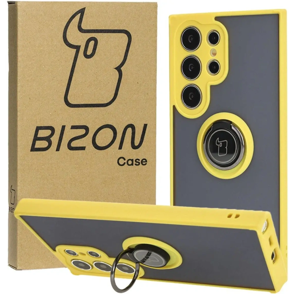 Hurtownia GSM - Etui z uchwytem na palec Bizon Case Hybrid Ring do Samsung Galaxy S24 Ultra przydymione z żółtą ramką - BIZ4112 - {ean13} - Hurt