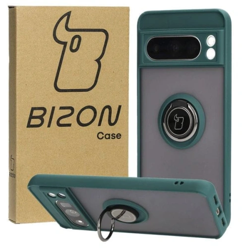 Etui z uchwytem na palec Bizon Case Hybrid Ring do Google Pixel 8 Pro przydymione z ciemnozieloną ramką