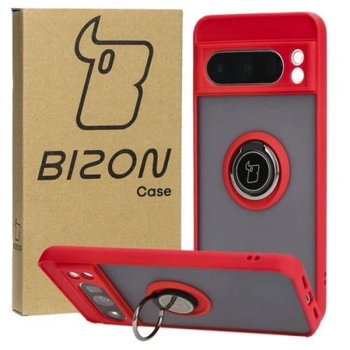 Etui z uchwytem na palec Bizon Case Hybrid Ring do Google Pixel 8 Pro przydymione z czerwoną ramką