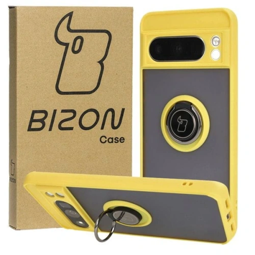 Etui z uchwytem na palec Bizon Case Hybrid Ring do Google Pixel 8 Pro przydymione z żółtą ramką