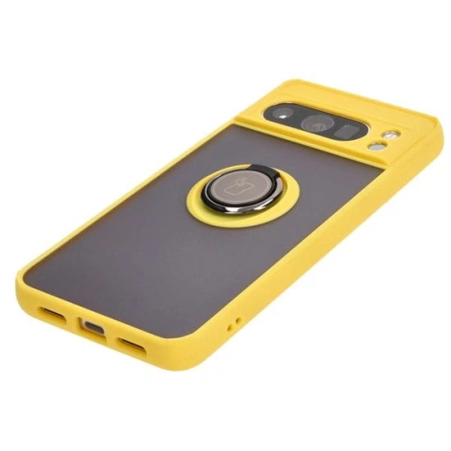 Etui z uchwytem na palec Bizon Case Hybrid Ring do Google Pixel 8 Pro przydymione z żółtą ramką