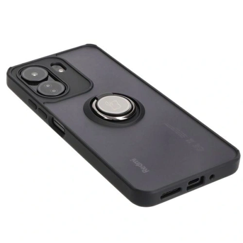 Etui z uchwytem na palec Bizon Case Hybrid Ring do Xiaomi Redmi 13C / Xiaomi Poco C65 przydymione z czarną ramką
