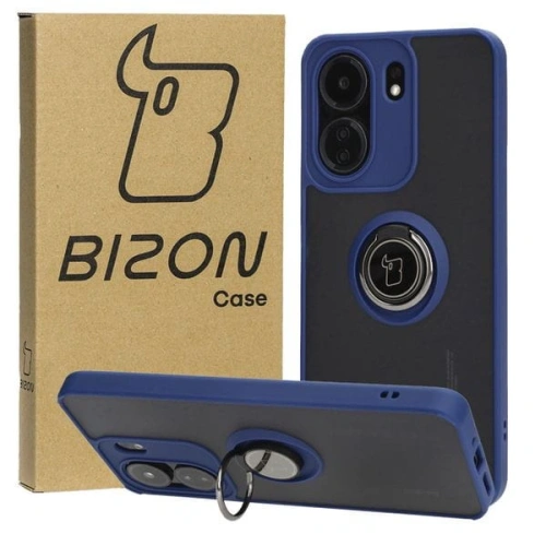 Etui z uchwytem na palec Bizon Case Hybrid Ring do Xiaomi Redmi 13C / Xiaomi Poco C65 przydymione z granatową ramką
