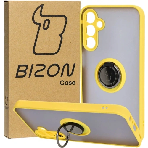 Etui z uchwytem na palec Bizon Case Hybrid Ring do Samsung Galaxy A15 5G/4G przydymione z żółtą ramką