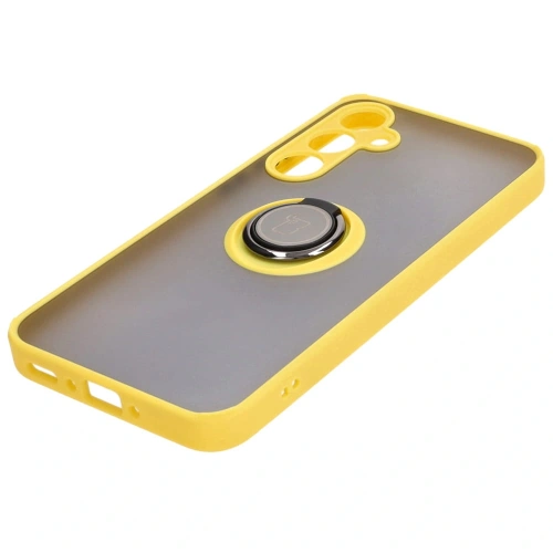Etui z uchwytem na palec Bizon Case Hybrid Ring do Samsung Galaxy A35 5G przydymione z żółtą ramką