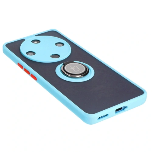 Etui z uchwytem na palec Bizon Case Hybrid Ring do Honor Magic6 Lite przydymione z jasnoniebieską ramką