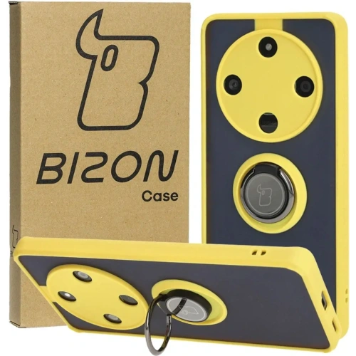 Etui z uchwytem na palec Bizon Case Hybrid Ring do Honor Magic6 Lite przydymione z żółtą ramką