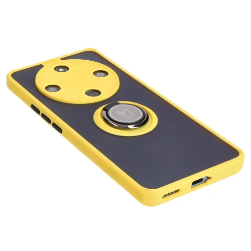 Etui z uchwytem na palec Bizon Case Hybrid Ring do Honor Magic6 Lite przydymione z żółtą ramką