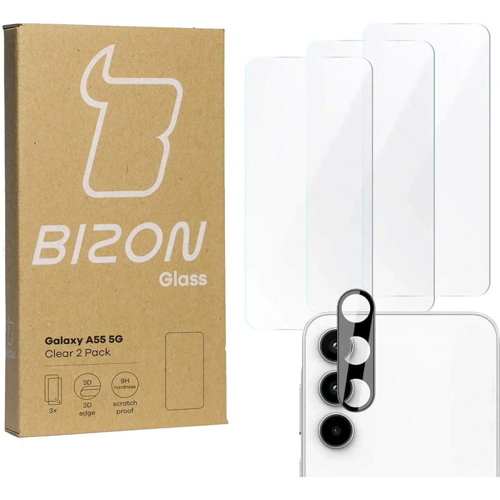 Hurtownia GSM - 3x Sklo na obrazovku + sklo na fotoaparát BIZON Clear do Samsung Galaxy A55 5G - BIZ4604 - {ean13} - Hurt