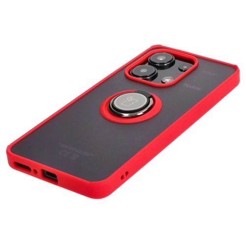 Etui z uchwytem na palec Bizon Case Hybrid Ring do Xiaomi Redmi Note 13 4G przydymione z czerwoną ramką