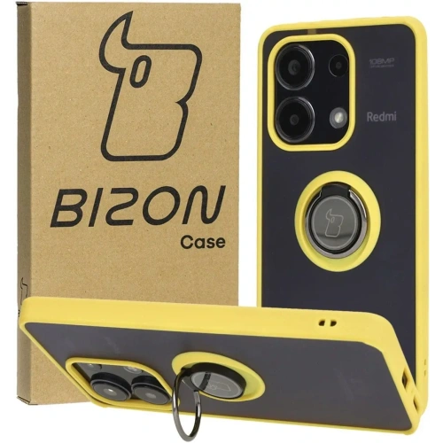 Etui z uchwytem na palec Bizon Case Hybrid Ring do Xiaomi Redmi Note 13 4G przydymione z żółtą ramką