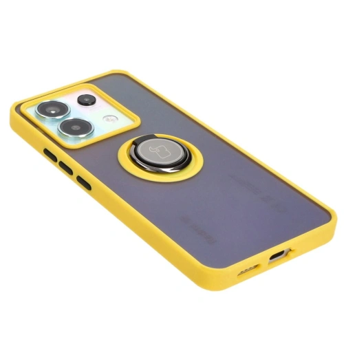 Etui z uchwytem na palec Bizon Case Hybrid Ring do Xiaomi Poco X6 / Xiaomi Redmi Note 13 Pro 5G przydymione z żółtą ramką
