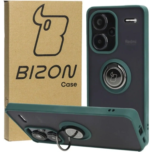 Etui z uchwytem na palec Bizon Case Hybrid Ring do Xiaomi Redmi Note 13 Pro+ 5G przydymione z ciemnozieloną ramką