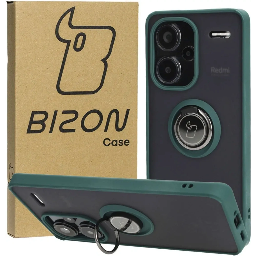 Hurtownia GSM - Etui z uchwytem na palec Bizon Case Hybrid Ring do Xiaomi Redmi Note 13 Pro+ 5G zakouřené s tmavě zeleným rámečkem - BIZ5224 - {ean13} - Hurt