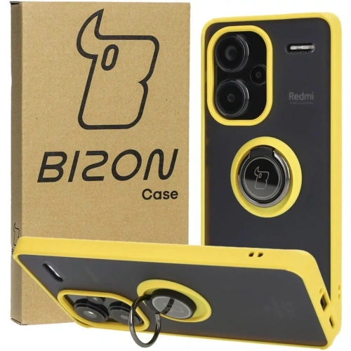 Etui z uchwytem na palec Bizon Case Hybrid Ring do Xiaomi Redmi Note 13 Pro+ 5G przydymione z żółtą ramką