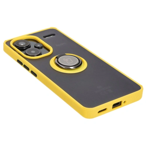 Etui z uchwytem na palec Bizon Case Hybrid Ring do Xiaomi Redmi Note 13 Pro+ 5G przydymione z żółtą ramką