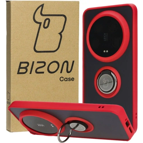 Etui z uchwytem na palec Bizon Case Hybrid Ring do Xiaomi 14 Ultra przydymione z czerwoną ramką