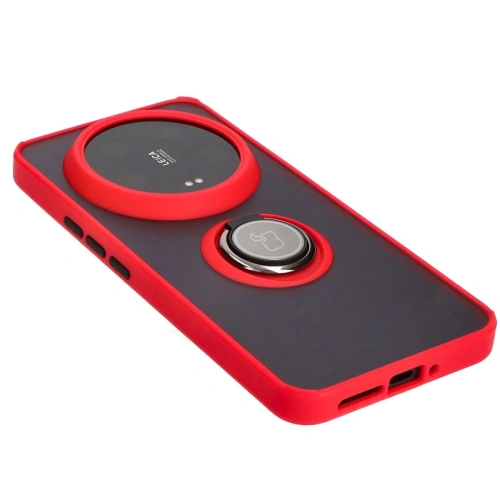 Etui z uchwytem na palec Bizon Case Hybrid Ring do Xiaomi 14 Ultra przydymione z czerwoną ramką