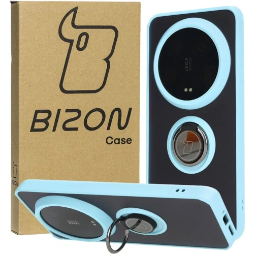 Etui z uchwytem na palec Bizon Case Hybrid Ring do Xiaomi 14 Ultra przydymione z jasnoniebieską ramką