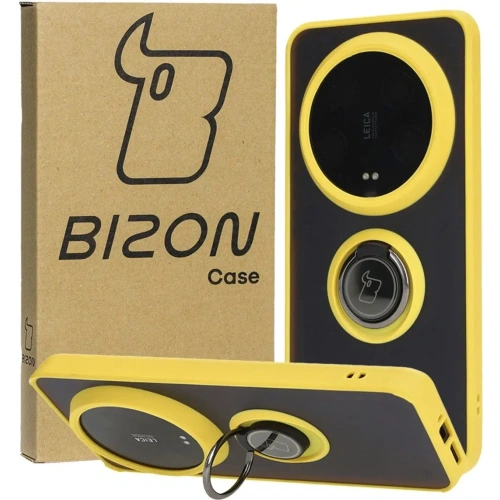 Etui z uchwytem na palec Bizon Case Hybrid Ring do Xiaomi 14 Ultra przydymione z żółtą ramką
