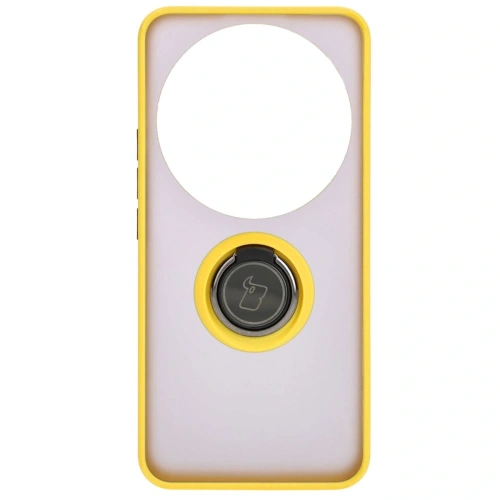 Etui z uchwytem na palec Bizon Case Hybrid Ring do Xiaomi 14 Ultra przydymione z żółtą ramką