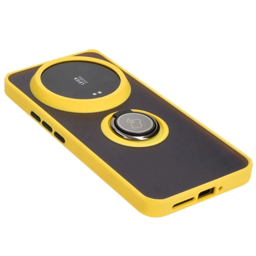Etui z uchwytem na palec Bizon Case Hybrid Ring do Xiaomi 14 Ultra przydymione z żółtą ramką