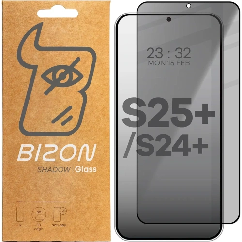 Prywatyzujące szkło hartowane Bizon Glass Edge Shadow do Samsung Galaxy S25 Plus / S24 Plus przyciemniane z czarną ramką